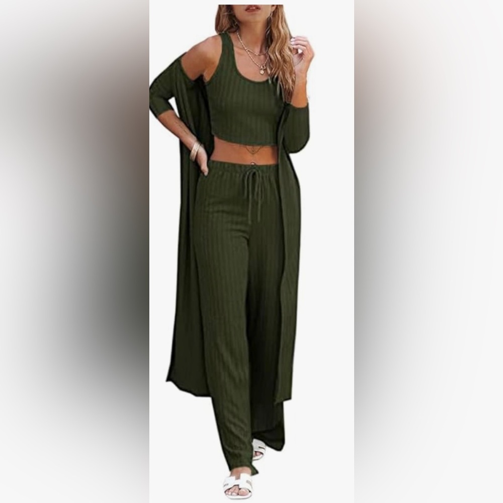 Fessceruna 3 Piece Lounge Sets Knit Long Sleeve Cardigan Crop Top Wide Leg Pants